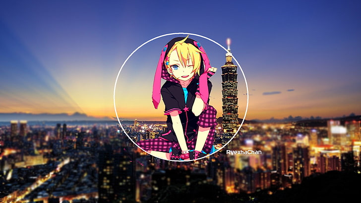 anime girls, cityscape, sky, lights, HD wallpaper