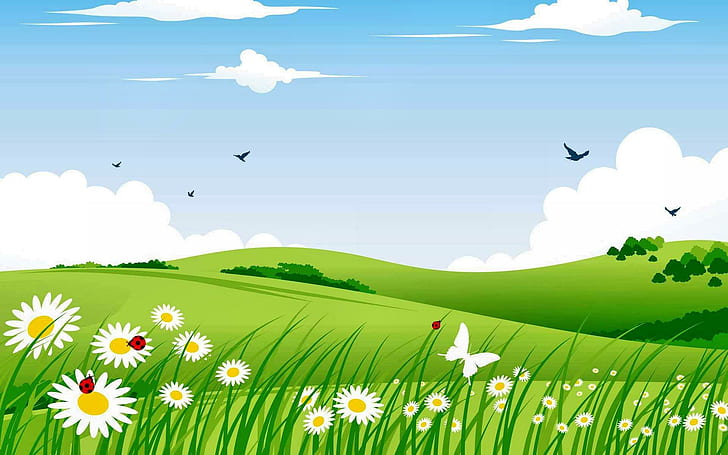 Цветя на поляната, природа, поляна, цветя, 3d и абстрактно, HD тапет