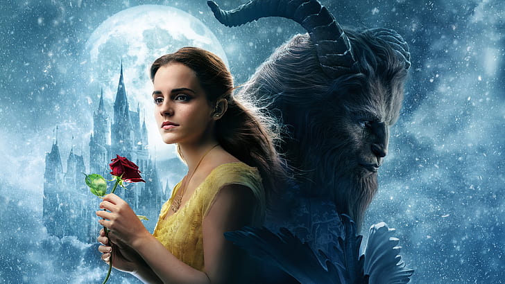 kino, dziewczyna, miłość, róża, Disney, Emma Watson, kwiat, potwór, zamieć, lew, śnieg, film, zamek, blondynka, film, hana, koza, Dan Stevens, Beauty Beast, Tapety HD