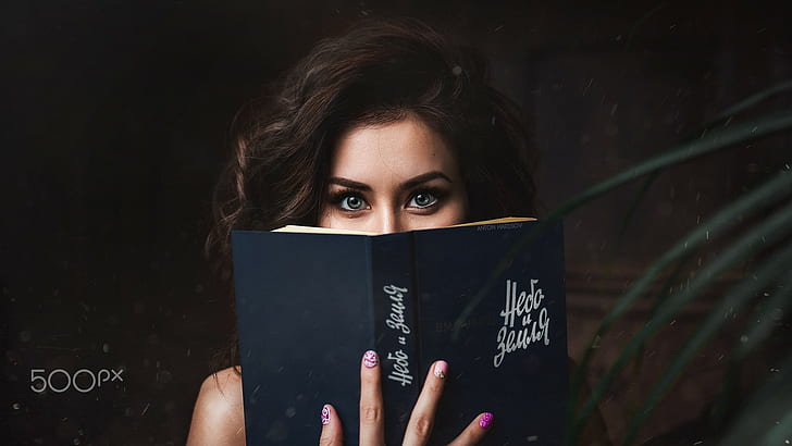 книги, очи, жени, Fotoshi Toshi, 500px, боядисани нокти, Римма Ajmetzhanova, лице, HD тапет