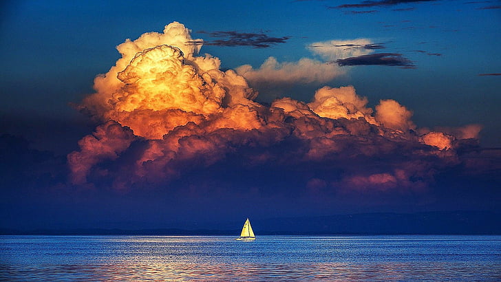 sky, horizon, nature, sea, cloud, calm, water, ocean, sailboat, sunset, sail, afterglow, evening, cumulus, HD wallpaper