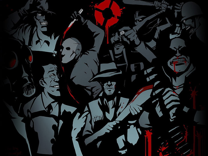 иллюстрация группы людей, Team Fortress 2, Pyro (персонаж), юмор, видеоигры, кровь, HD обои
