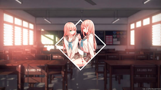 anime, anime girls, picture-in-picture, school, school uniform, HD wallpaper HD wallpaper