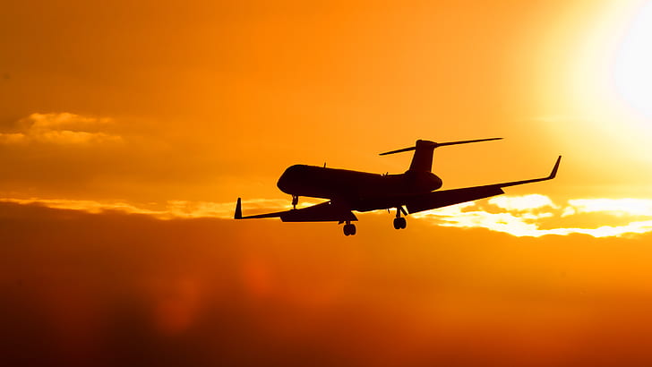 avión, silueta, puesta de sol, cielo, naranja, Gulfstream G-550, Gulfstream, Fondo de pantalla HD