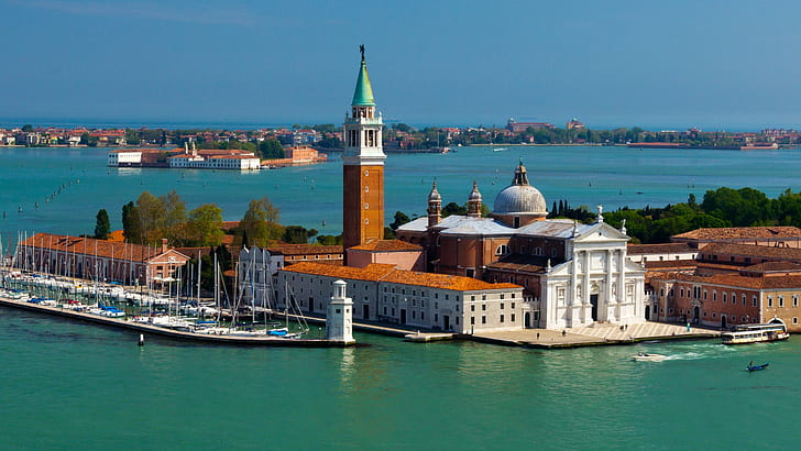 İtalya, Venedik, San Giorgio Adası, beyaz ve kahverengi beton katedral, İtalya, Venedik, San Giorgio Adası, Maggiore, bir kilise, bir manastır., HD masaüstü duvar kağıdı