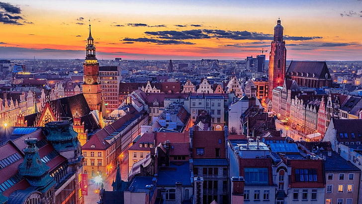Европа, градски пейзаж, Полша, Вроцлав, небе, панорама, силует, кула, птичи поглед, HD тапет