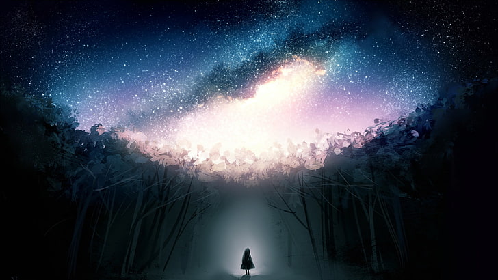 person between trees artwor k, stars, forest, HD wallpaper