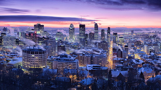 paparan panjang, malam, fotografi, arsitektur, musim dingin, Montreal, Cityscape, langit, Wallpaper HD HD wallpaper