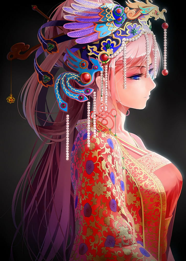 Anime, Anime Girls, Vocaloid, Megurine Luka, lange Haare, rosa Haare, blaue Augen, chinesisches Kleid, HD-Hintergrundbild, Handy-Hintergrundbild