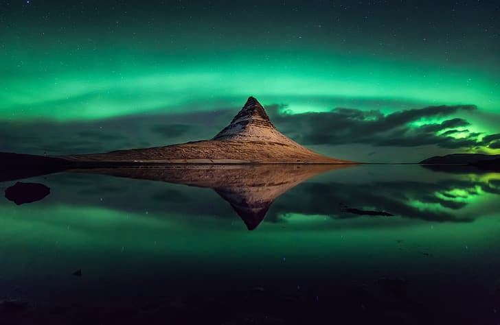 stars, reflection, mountain, Iceland, polar lights, Kirkjufell, Hernan Calderon Velasco, HD wallpaper