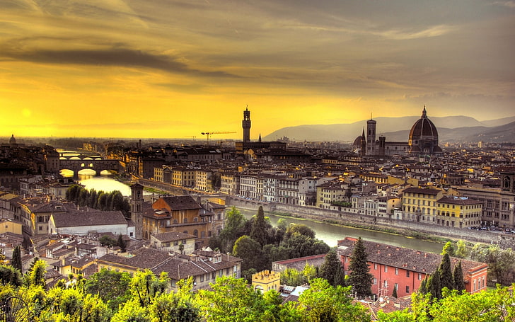 Cityscape, bangunan, sungai, jembatan, matahari terbenam, Florence, arno (sungai), Wallpaper HD