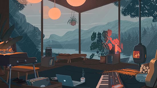 laptop, hujan, piano, tanaman, pot bunga, kopi, log, vinyl, lampu lava, perapian, pohon, kamar, Wallpaper HD HD wallpaper
