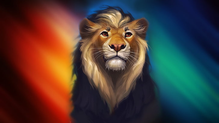 digital painting, digital art, lion, colors, artwork, big cat, HD wallpaper
