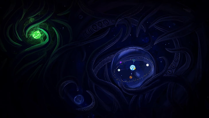 Setir hitam dan biru, ruang, tentakel, planet, Wallpaper HD