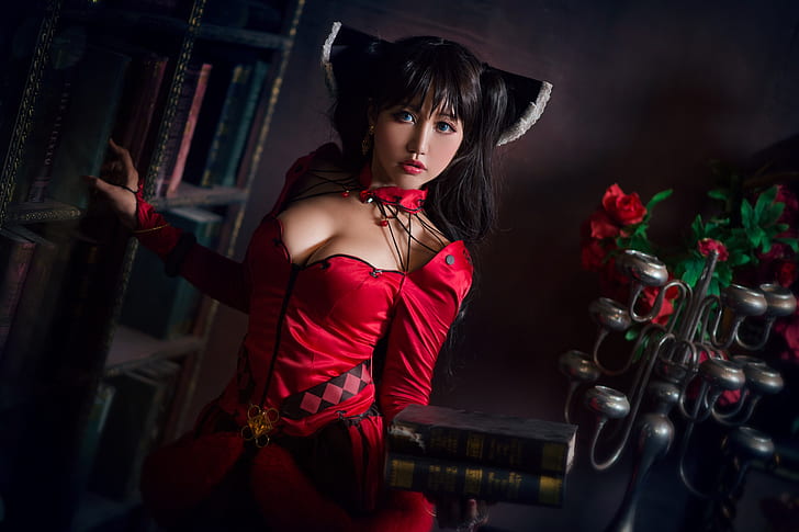 chest, look, girl, flowers, red, face, style, the dark background, books, portrait, roses, bouquet, hands, makeup, brunette, hairstyle, costume, outfit, neckline, image, library, decoration, Asian, twilight, blue eyes, bow, heart, Tom, stand, candle holder, cosplay, lenses, bangs, long-haired, bookcase, HD wallpaper