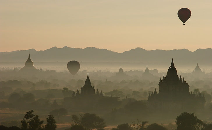 duas silhueta de papel de parede digital de balões de ar quente, fotografia, natureza, plantas, árvores, paisagem, templo, balões de ar quente, névoa, arquitetura, Myanmar, Bagan, HD papel de parede