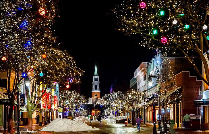 architektura, budynki, Burlington, Boże Narodzenie, kościół, pejzaż, kolorowe, grudnia, dekoracja, światła, noc, Vermont, Boże Narodzenie, Tapety HD