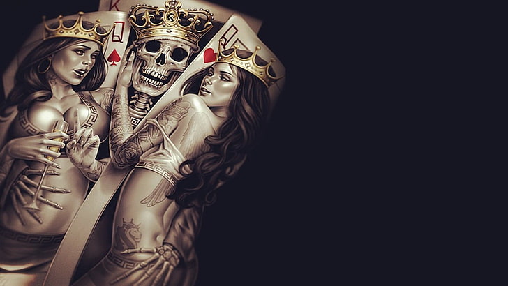 papel de parede digital de duas rainhas e um rei baralho, tatuagem tribal, cartões, crânio, arte em quadrinhos, baralho, bege, fundo preto, HD papel de parede