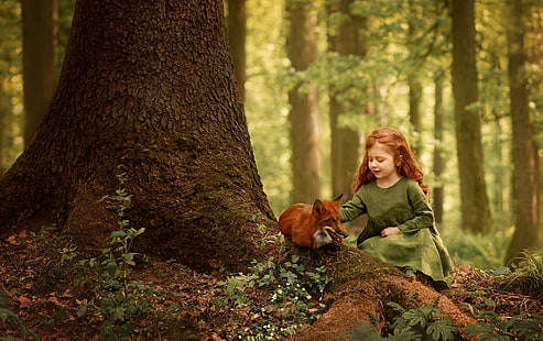 Mała dziewczynka, las dziecięcy, dziewczynka, lis, sukienka, Tapety HD HD wallpaper