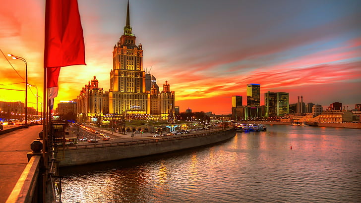 architecture building city cityscape evening lights street light moscow russia hotels river boat road car sunset clouds christmas tree skyscraper flag water hdr, HD wallpaper