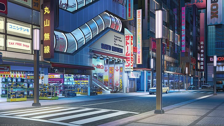 dijital sanat, ArseniXC, CG, sokak, Akihabara, mağazalar, gece, bina, video oyun sanatı, HD masaüstü duvar kağıdı