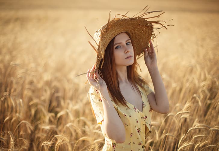 wheat, Girl, hat, dress, Sergey Sorokin, Daria Kostina, HD wallpaper