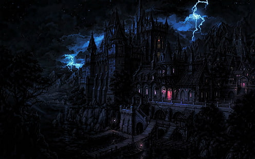 Замъци, замък, тъмно, замъкът на Дракула, фантазия, мълния, HD тапет HD wallpaper