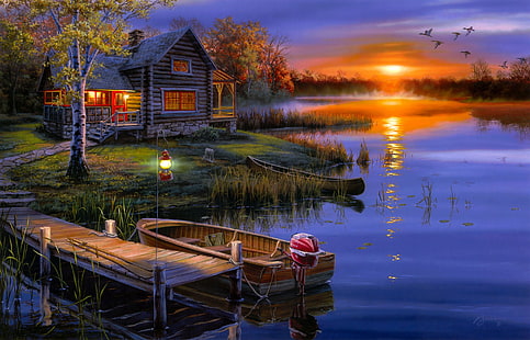 peinture maison, rivière et bateau, art, soirée, déclin, lac, bateau, lodge, lampe, lumière, Fond d'écran HD HD wallpaper