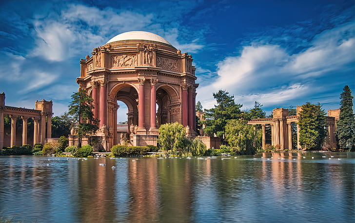 pond, the building, CA, San Francisco, architecture, California, Palace of fine arts, The Palace of Fine Arts, HD wallpaper