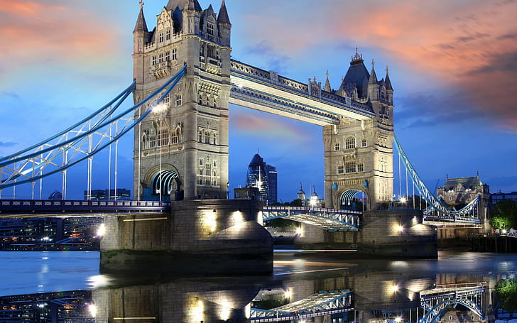 UK, Great Britain, London, Europe, UK, United Kingdom, Great Britain, England, London, capital, Thames, Tower Bridge, evening, Sunset, sky, clouds, lights, water, reflection, the capital of the Thames, HD wallpaper