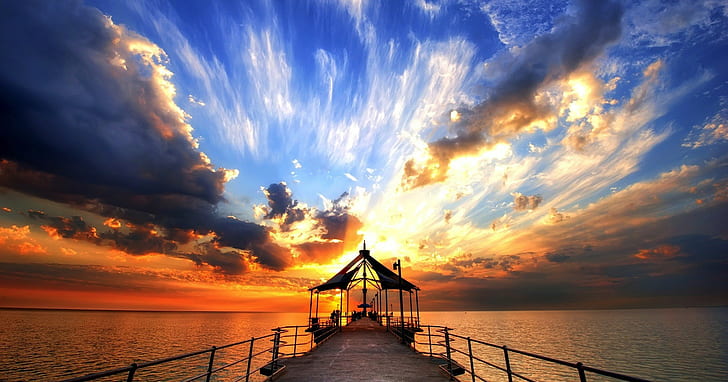 風景、空、海、夕日、桟橋、雲、日光、地平線、 HDデスクトップの壁紙