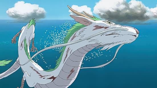 Spirited Away, smok, filmy animowane, fotosy filmowe, anime, animacja, niebo, chmury, woda, Haku, Studio Ghibli, Hayao Miyazaki, Tapety HD HD wallpaper