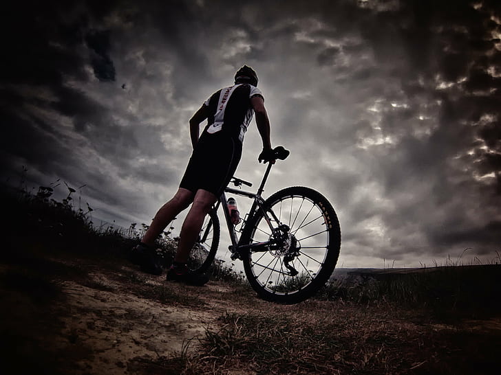 photo of man in bicycle suit holding bicycle over cloudy sky, Parada, photo, man, bicycle, suit, cloudy, sky, Gopro, bike, cantabria, cycling, Saturday, weekend, mtb, strava, distortion, fondo, tormenta, storm, santander, dark, contrast, pov, sport, outdoors, exercising, men, healthy Lifestyle, nature, adventure, people, action, HD wallpaper