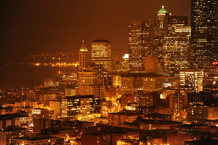 city building lights during night time, seattle, washington, usa, seattle, washington, usa, Glowing, gold, Wet, night, city, Seattle, high above, beacon hill, 12th, 13th, floors, PAC, MED, amazon.com, washington state, USA, city building, lights, night time, building, attractive, embers, fire, cars, glow, distant, urban, view, travel, Seattle  Washington, Washington  hill, cityscape, urban Skyline, skyscraper, downtown District, urban Scene, sunset, architecture, dusk, built Structure, HD wallpaper