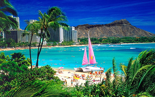 Waikiki Oahu Hawaii Playa de arena Barco Olas oceánicas Personas 2880 × 1800, Fondo de pantalla HD HD wallpaper