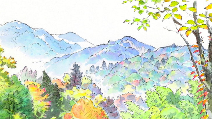 Illustration der grünblättrigen Bäume, die Geschichte von Prinzessin Kaguya, Prinzessin, Kaguya, Zeichentrickfilme, HD-Hintergrundbild