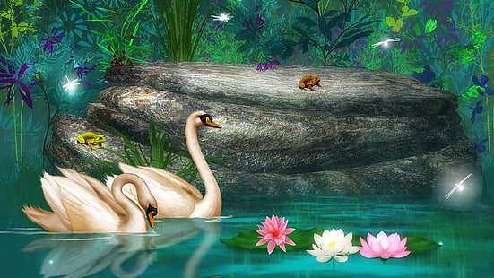Птици, лебед, артистичен, цвете, гора, жаба, лотос, езерце, скала, HD тапет HD wallpaper