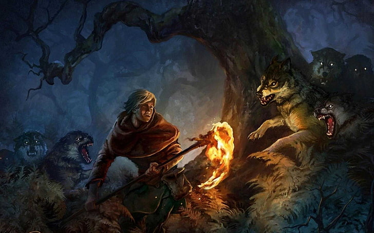мъж, който държи огън, докато хвърля вълци тапети, фентъзи изкуство, вълк, дървета, HD тапет
