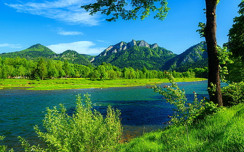 Rzeka Dunajec Polska lato krajobraz Góry z leśną zieloną trawą, błękitne niebo-Tapety na pulpit HD, Tapety HD HD wallpaper