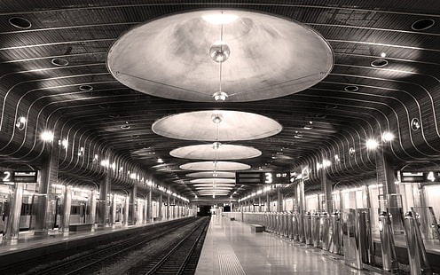ถ่ายภาพสถาปัตยกรรมขาวดำรถไฟใต้ดินสถานีรถไฟ, วอลล์เปเปอร์ HD HD wallpaper