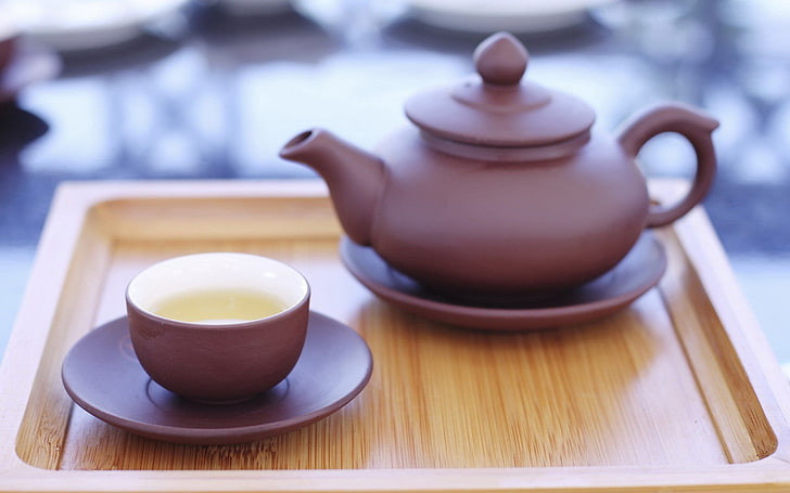 brown clay teapot and teacup, teapot, cup, dishes, drink, HD wallpaper