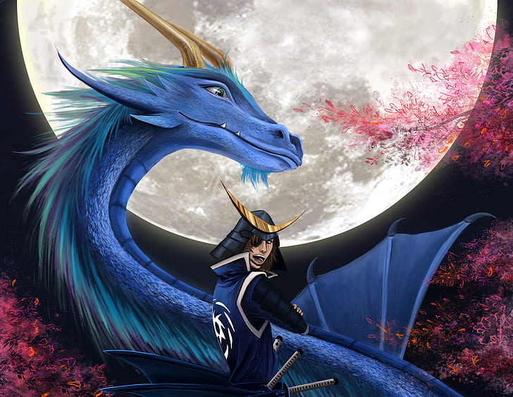 Anime, Sengoku Basara, Date Masamune (Sengoku Basara), Dragon, Moon, HD wallpaper