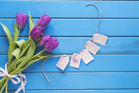 Blumen, Blumenstrauß, Tulpen, Liebe, frisch, Holz, romantisch, Frühling, lila, mit Liebe, Muttertag, HD-Hintergrundbild HD wallpaper
