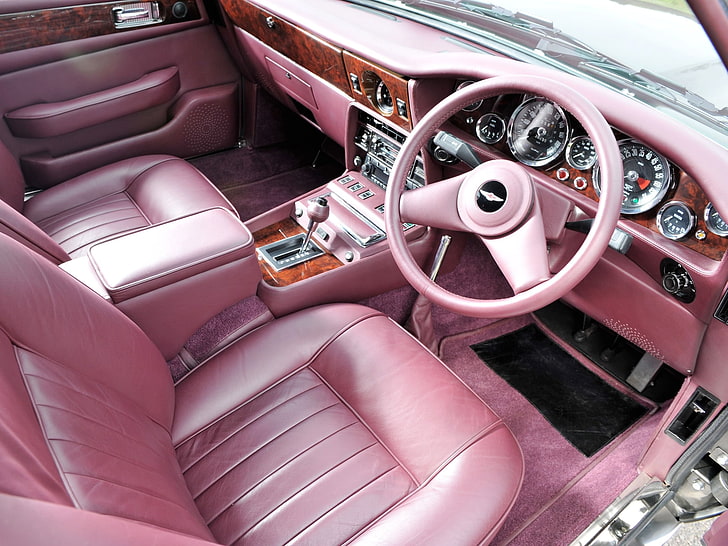 pink vehicle interior, aston martin, lagonda, v8, 1974, pink, salon, interior, steering wheel, speedometer, HD wallpaper