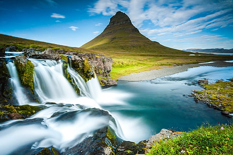 river, Iceland, Reykjavik, waterfall, 4K, mountain, HD wallpaper HD wallpaper