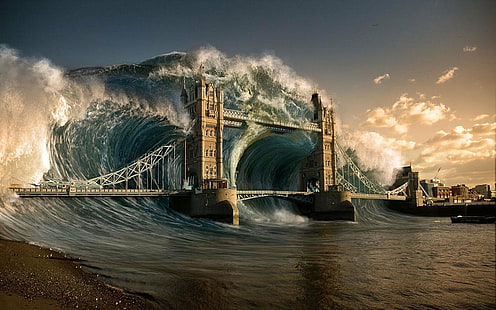 Ficção Científica, Apocalíptico, Apocalipse, Londres, Tower Bridge, Wave, HD papel de parede HD wallpaper