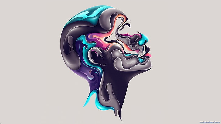 разноцветная иллюстрация человеческой головы, Рик Остенбрук, простой фон, лицо, цифровое искусство, произведения искусства, аннотация, голова, HD обои
