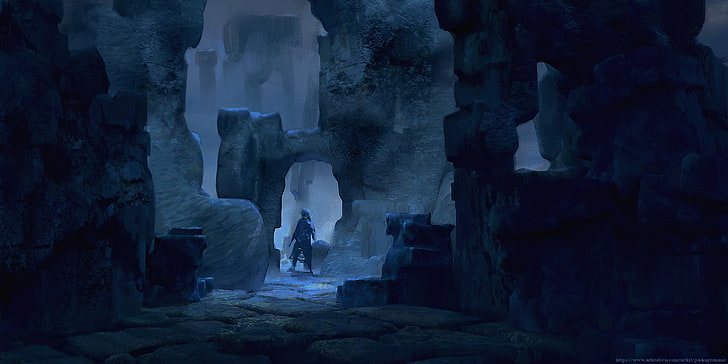синий, руины, пещера, HD обои