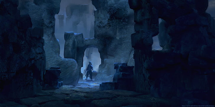 cave, ruin, blue, HD wallpaper