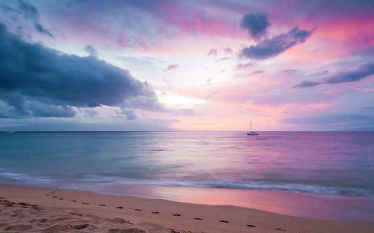Блаженный пурпурный закат, синий пляж, пляжи, 2560x1600, закат, парусный спорт, HD обои